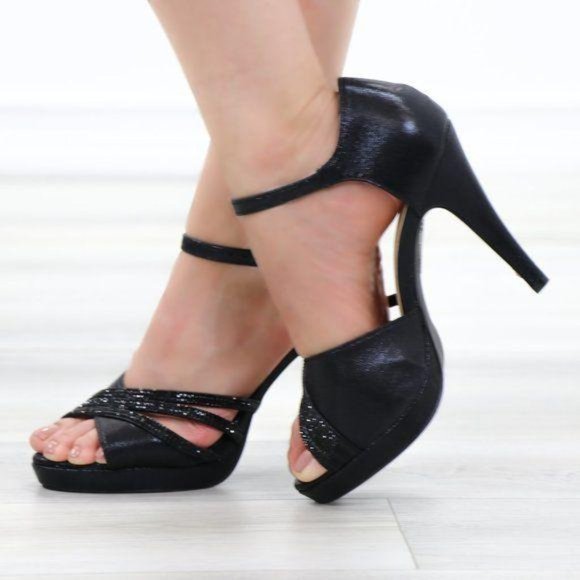 Shimmery Black Satin Platform Heeled Stiletto Sandal - Picture 4 of 11